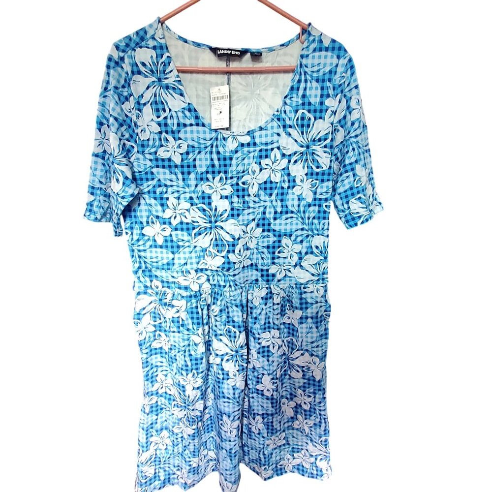 Lands End Womens Blue Floral Checker Dress Scoop neckline Back zipper closure M